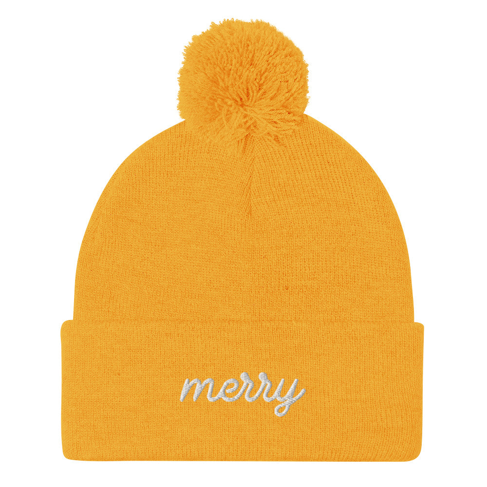 Merry Pom-Pom Embroidered Beanie