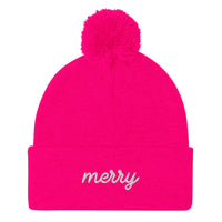 Merry Pom-Pom Embroidered Beanie